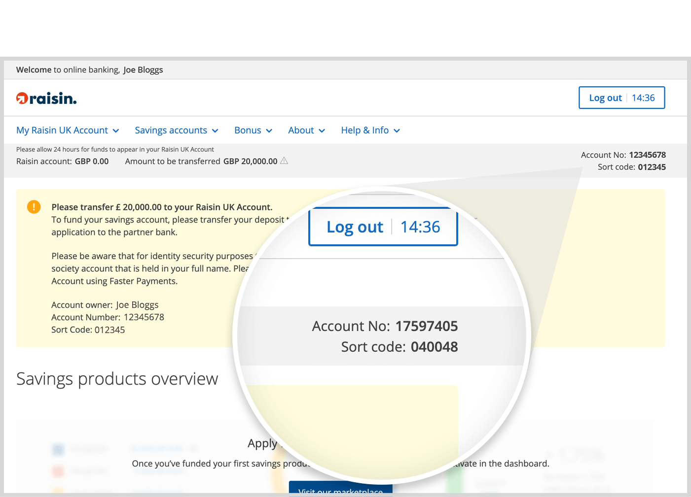 Find your Raisin UK Account sort code and account number