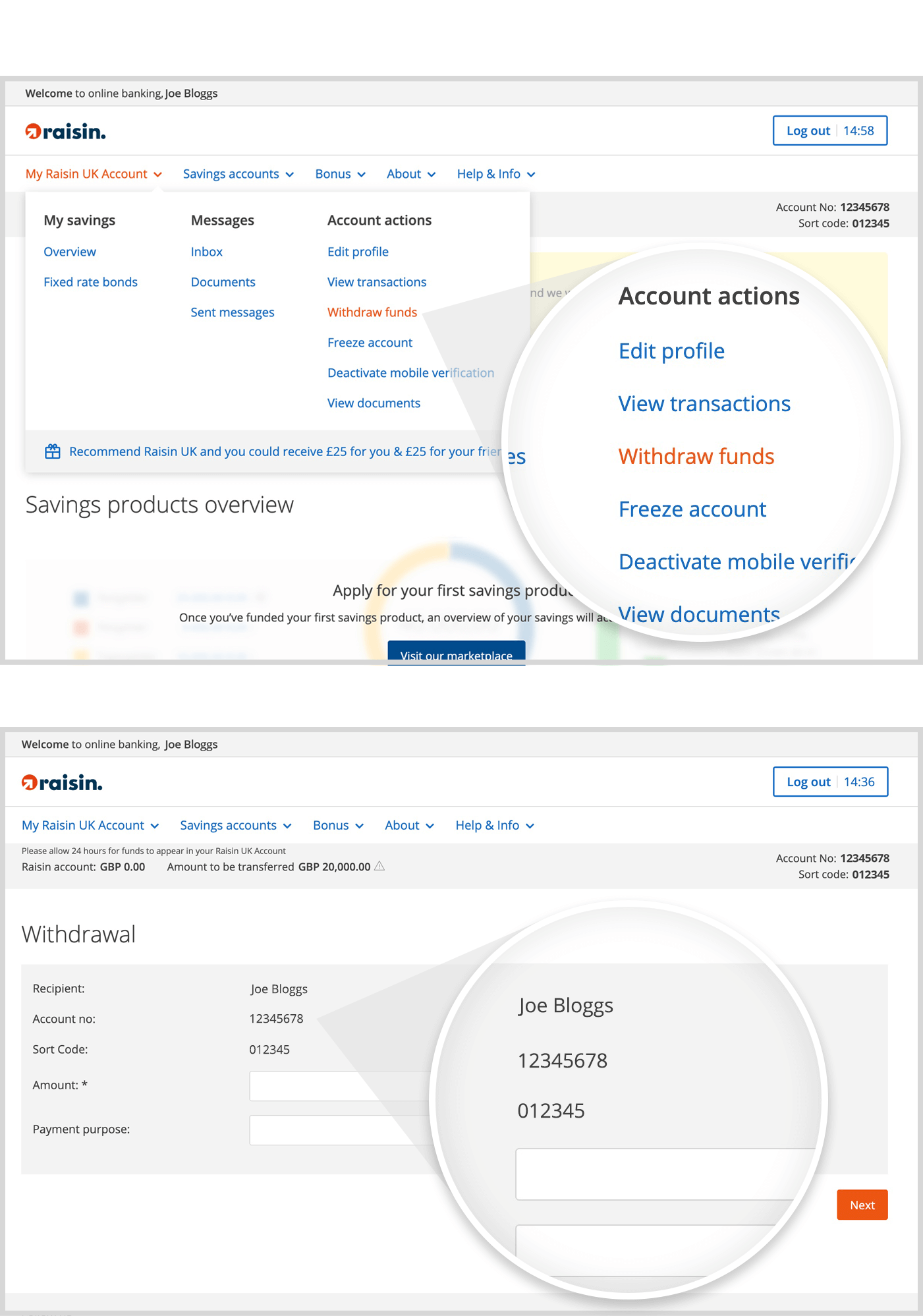 Find your Raisin UK Account sort code and account number
