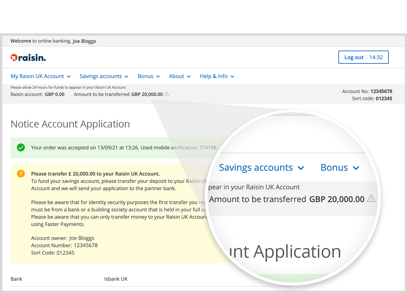Notice account - Transfer your full deposit amount